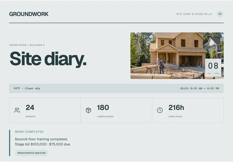 Contractor Site Book & Billing app design concept