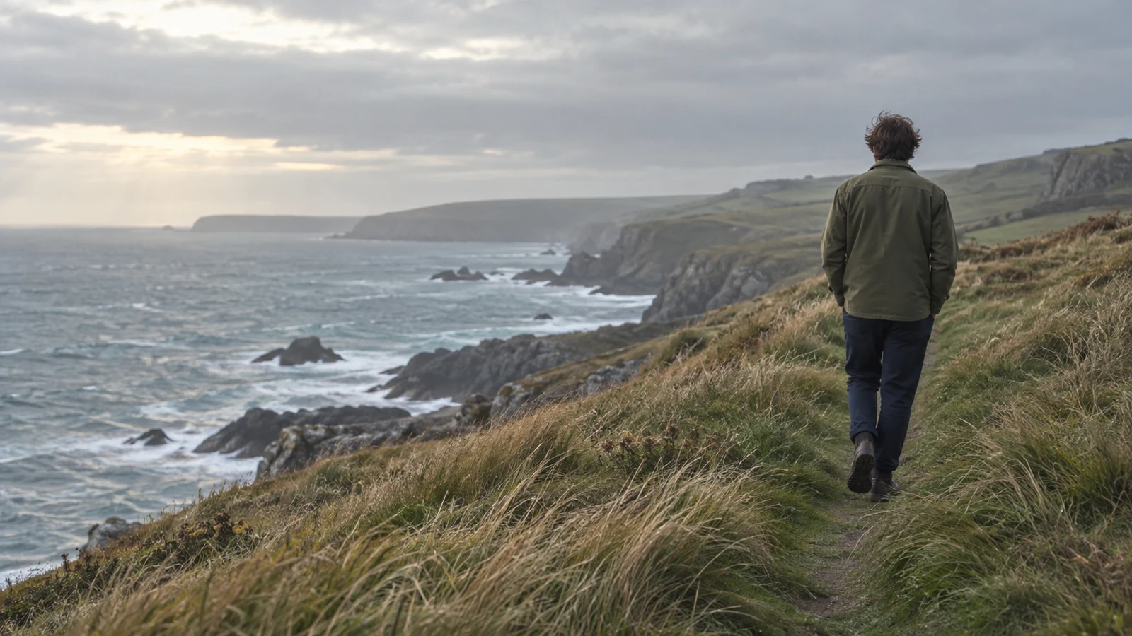Fictional adult in an olive overshirt walking a coastal path