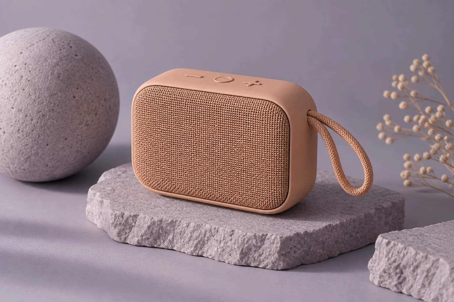 An apricot portable speaker on a lavender-gray studio surface