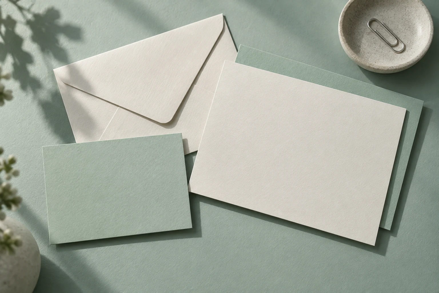 Blank mint and ivory stationery arranged on a seafoam surface