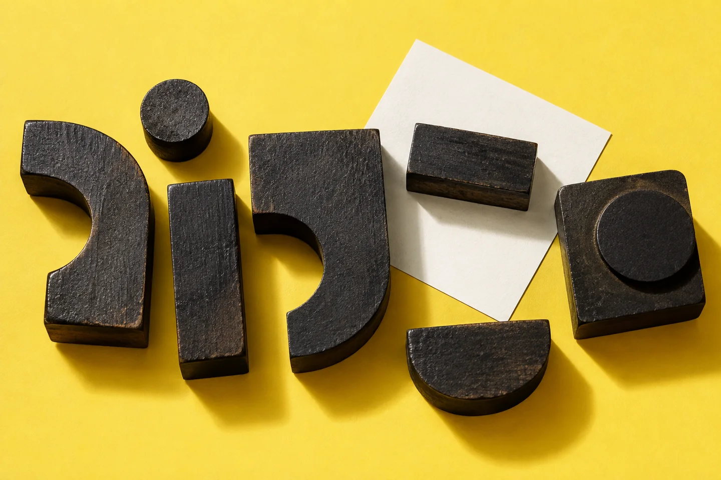 Black wooden abstract printing shapes arranged on warm yellow paper