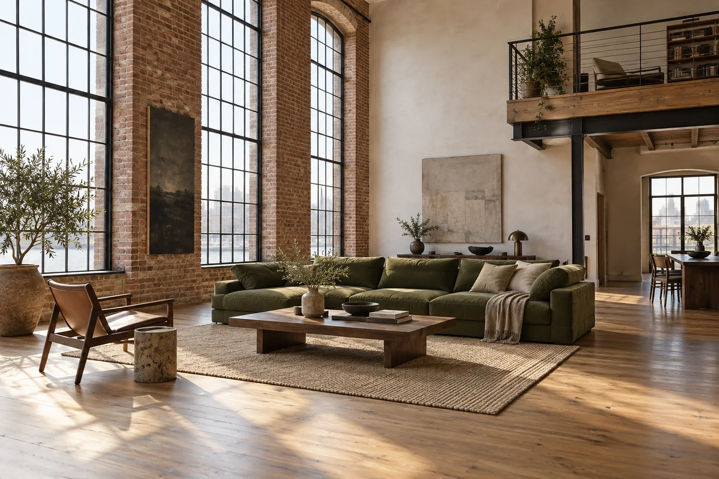 Original generated photograph of a brick warehouse loft with tall windows, oak floors, an olive sofa and an open mezzanine