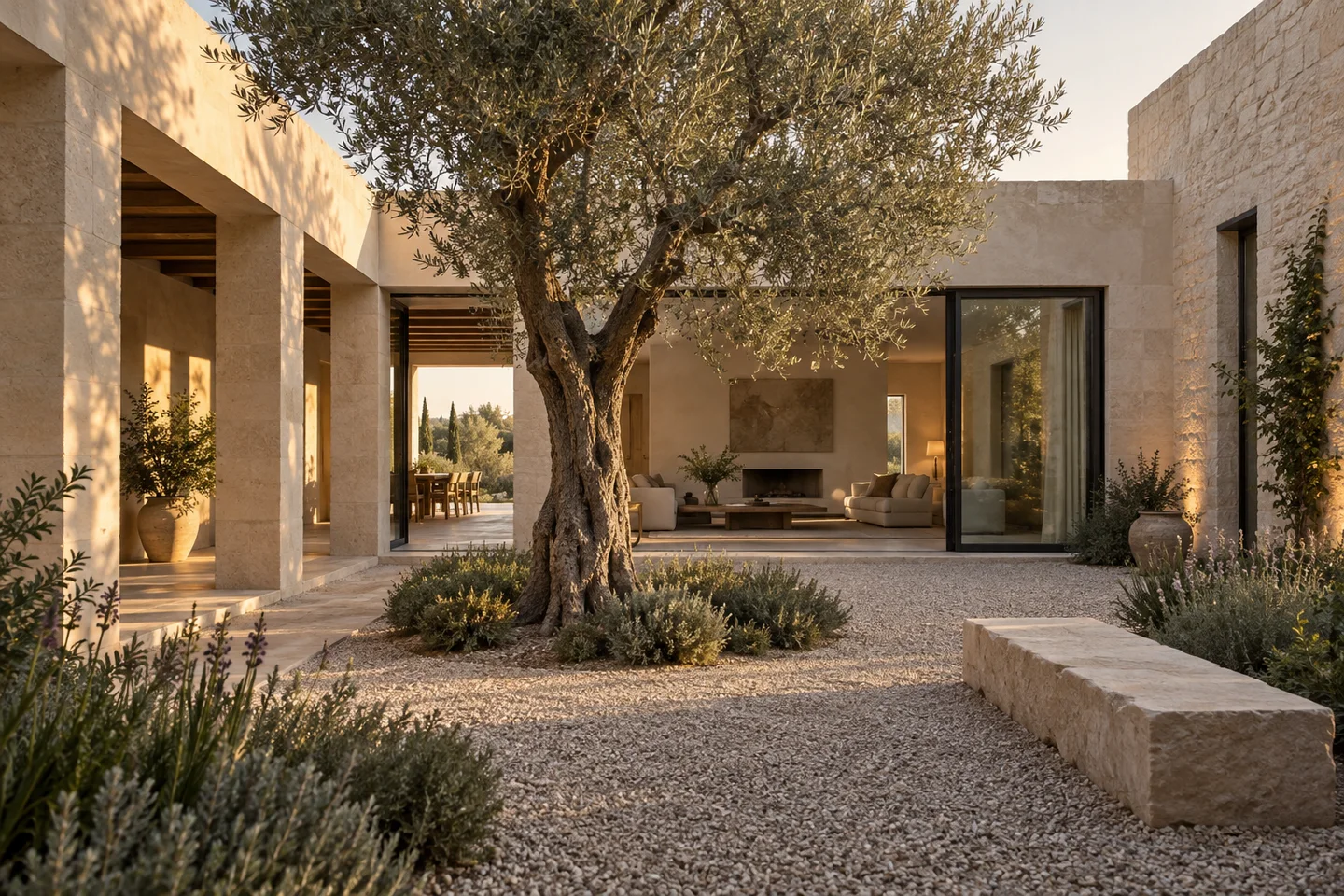 Original generated architectural photograph of a pale stone courtyard home with an olive tree, gravel, colonnade and open glass doors