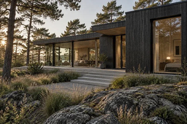 Original generated architectural photograph of a dark timber modern house among pine trees with broad glazing and concrete steps