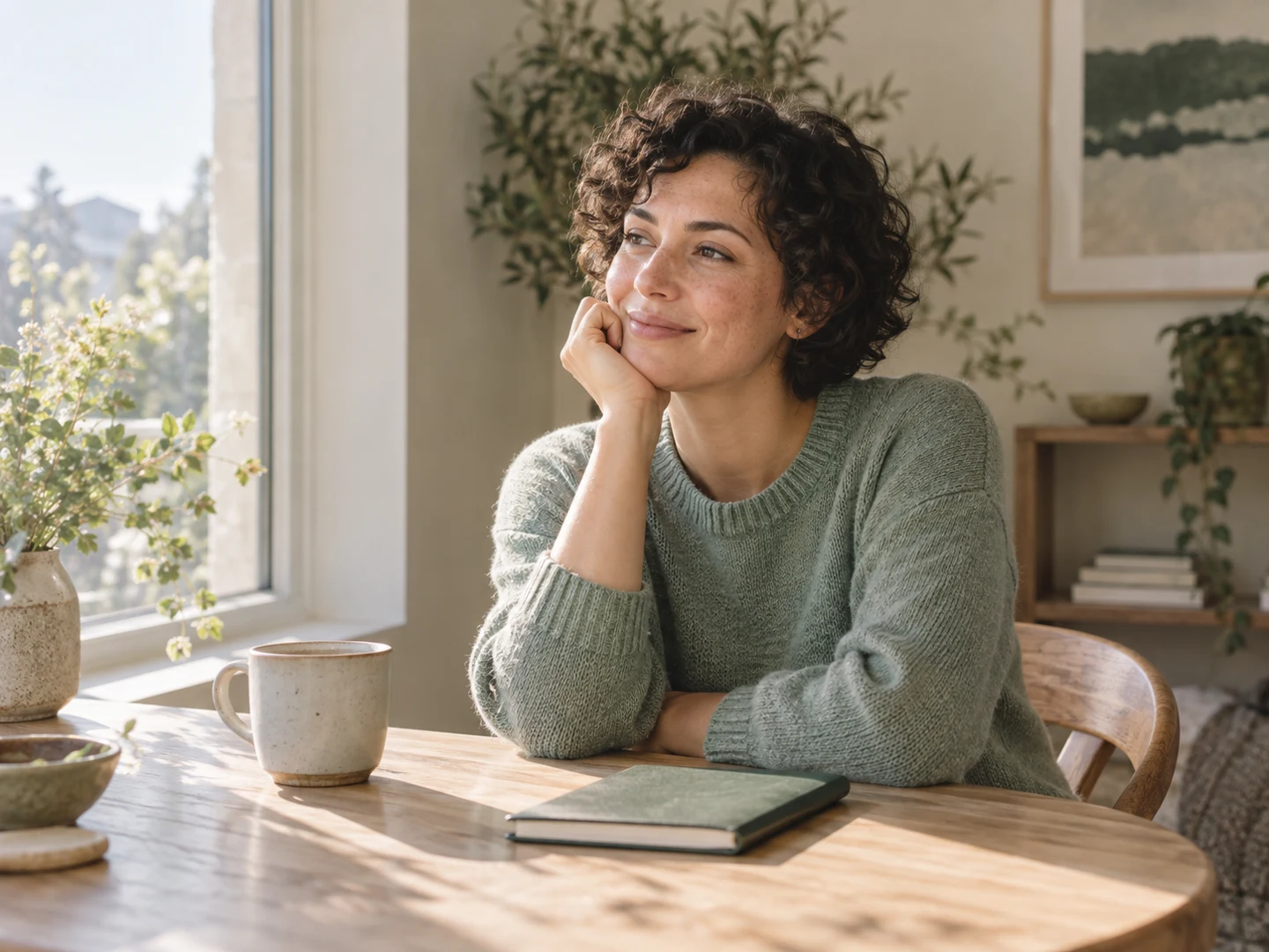 Original editorial image of a fictional adult listening thoughtfully by a sunlit window