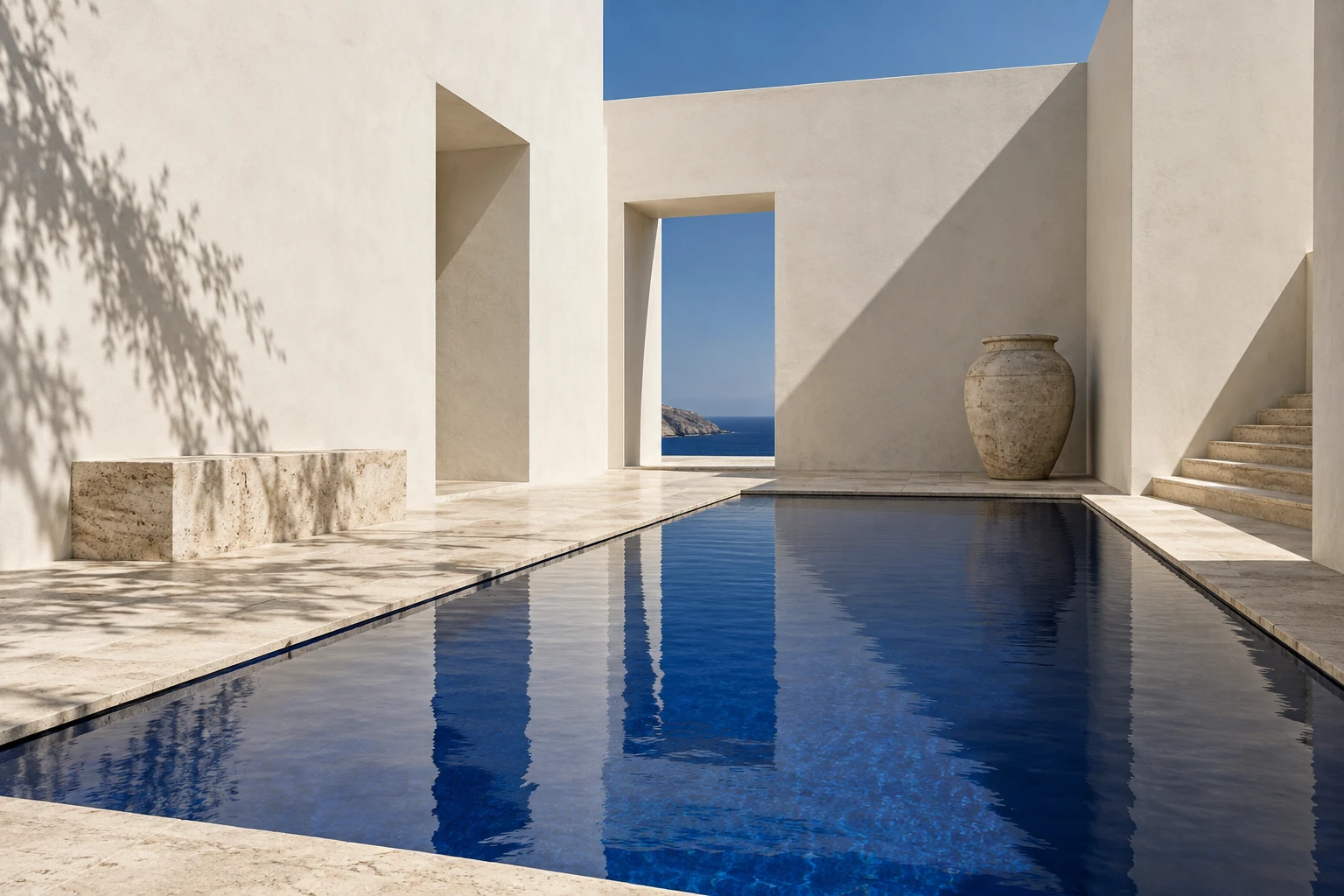 Original generated photograph of ivory courtyard walls and a deep blue reflecting pool in strong sunlight