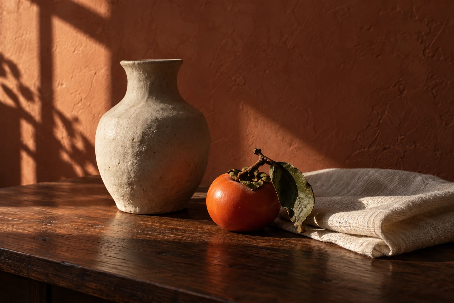 Original generated still-life photograph of a cream ceramic vessel, orange persimmon, and linen on walnut in warm afternoon light