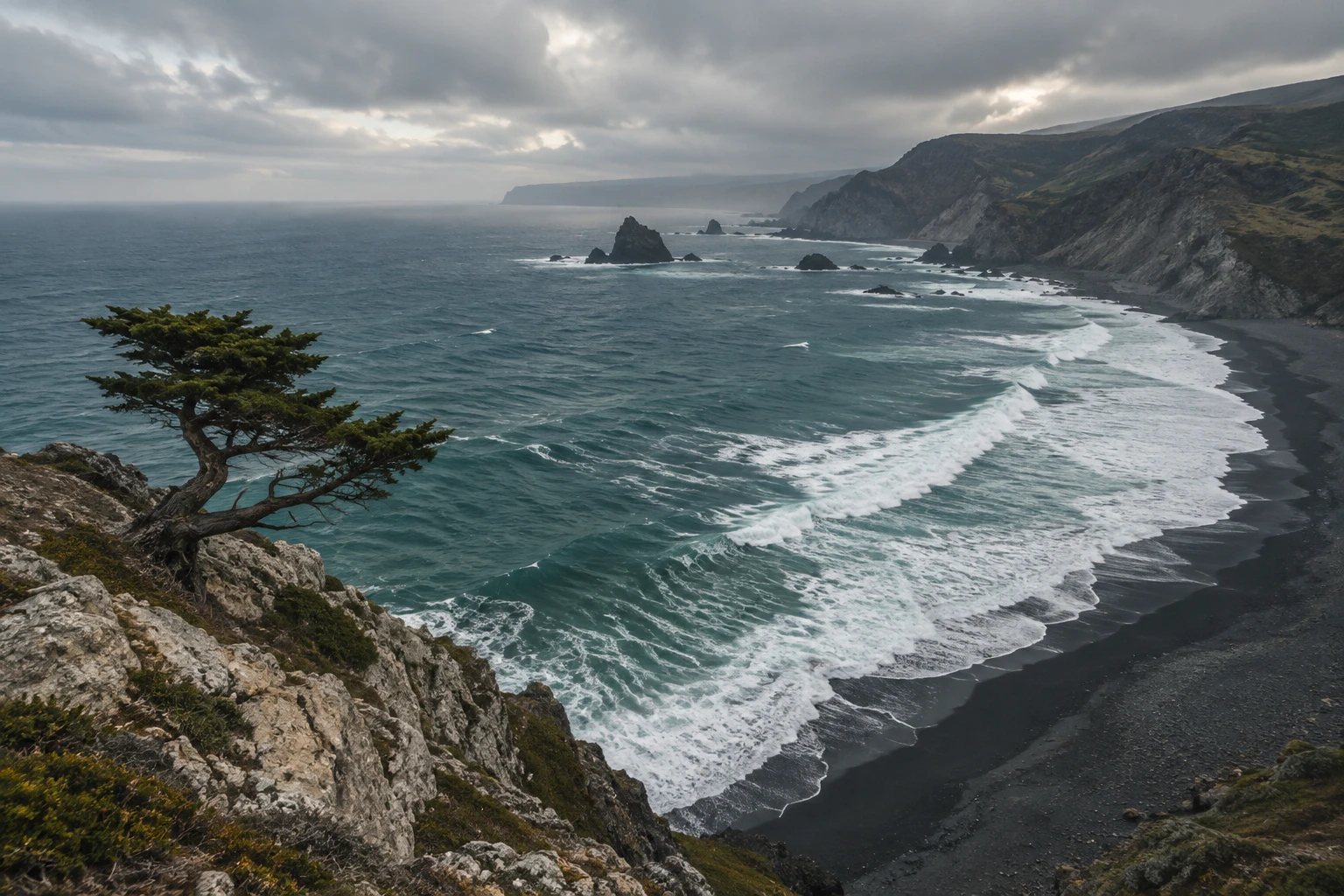 Original generated coastal photograph with a lone windswept tree, dark beach, teal waves, and silver clouded sky