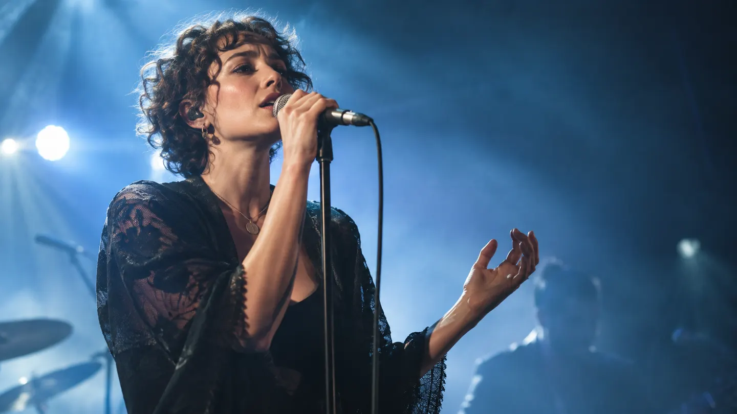 Original generated concert photograph of fictional vocalist Faye Lumen