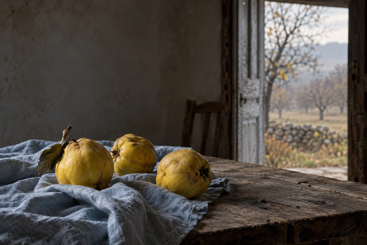 Quince, a blue cloth, and the distance between a table and a garden.