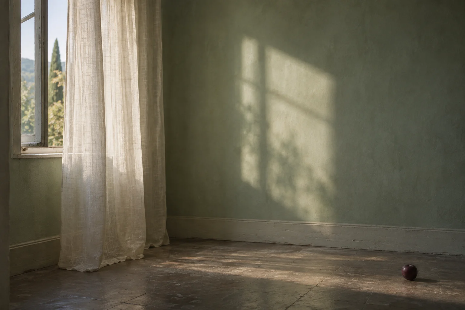 A curtain, an opening, and an afternoon that seems to have stopped.