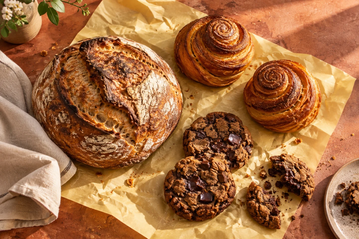 Original bread, golden morning buns, and chocolate cookies on a sunny bakery table