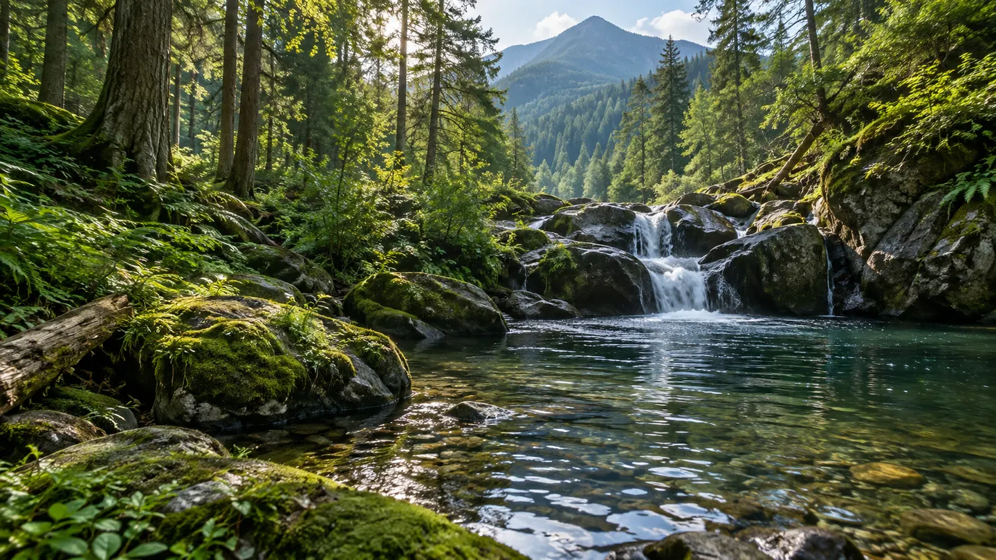 Original generated woodland stream and waterfall