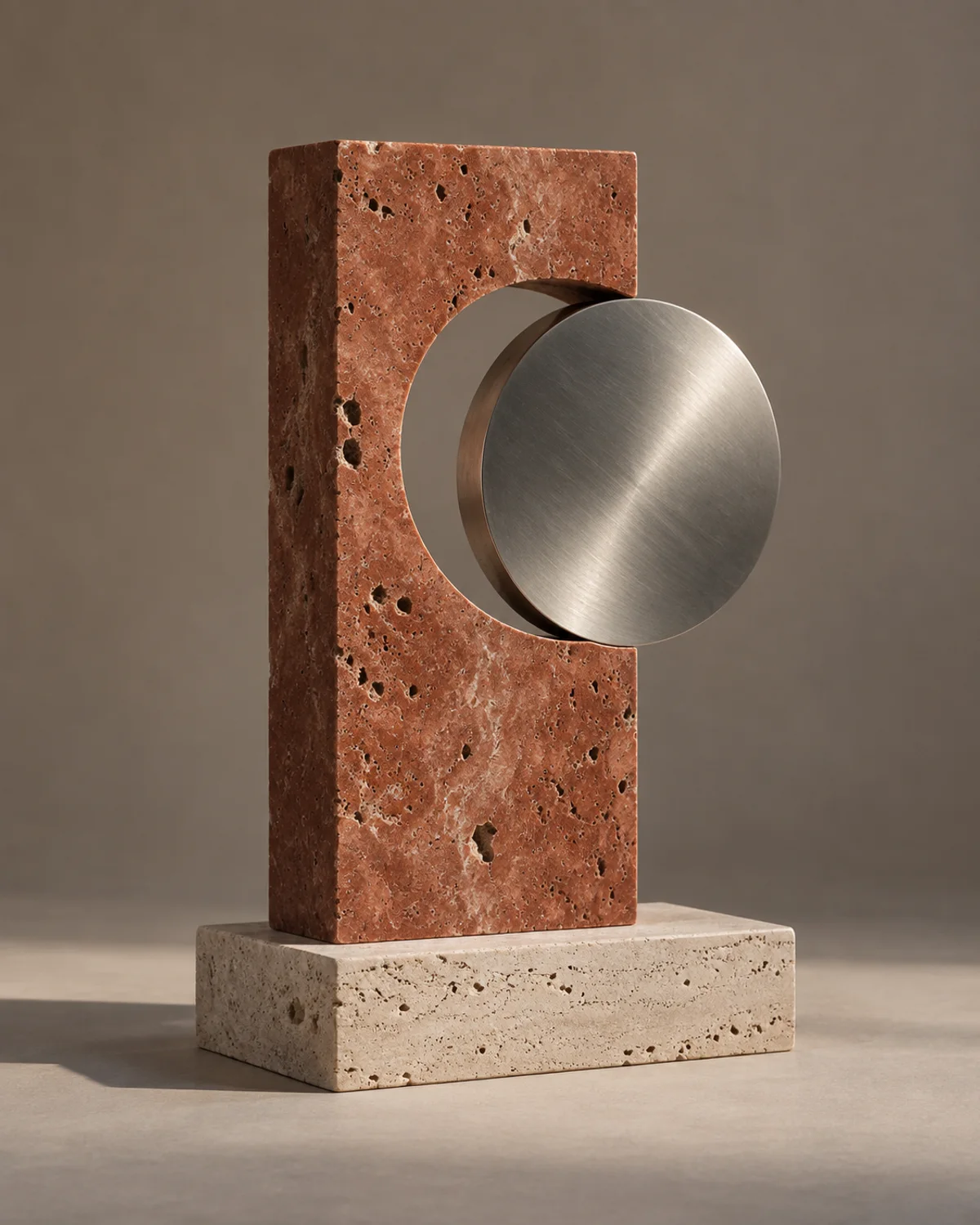 Original generated photograph of a red travertine frame holding a brushed steel disc on a pale stone base