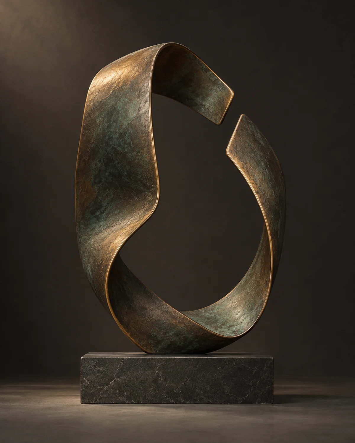 Original generated photograph of an asymmetrical folded bronze loop sculpture on a dark stone plinth