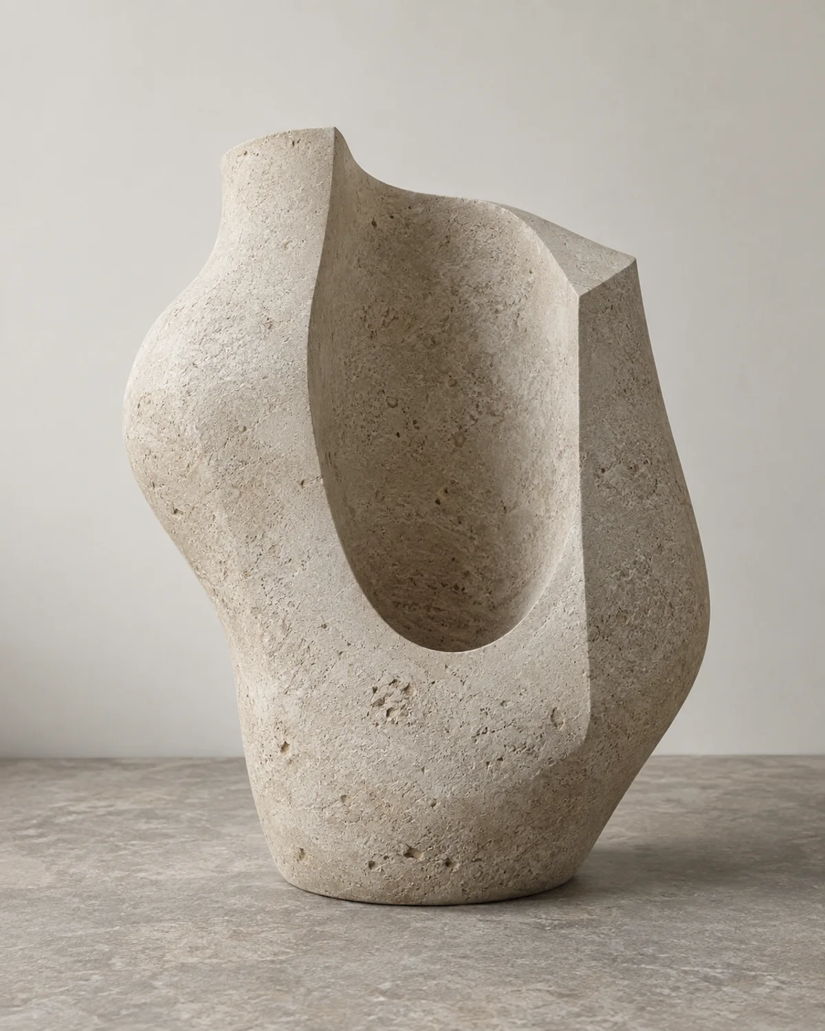 Original generated photograph of a pale limestone sculptural vessel with a deep oval cavity and an angled cut