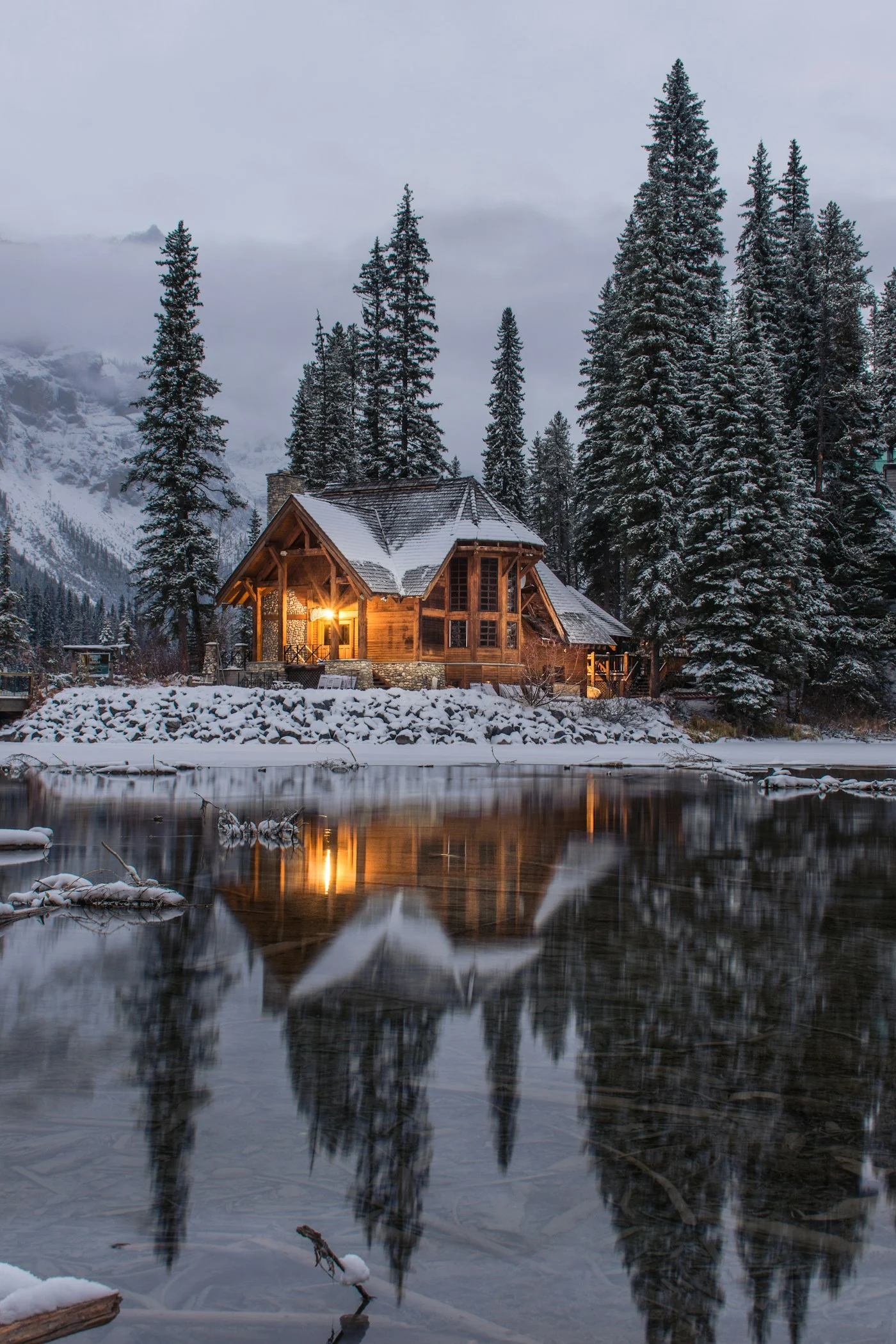 A timber cabin among trees