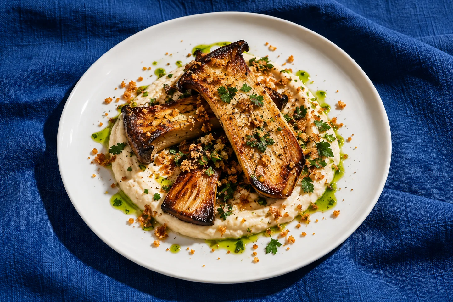 Charred king oyster mushrooms on white bean purée with parsley oil. Original generated food photograph.