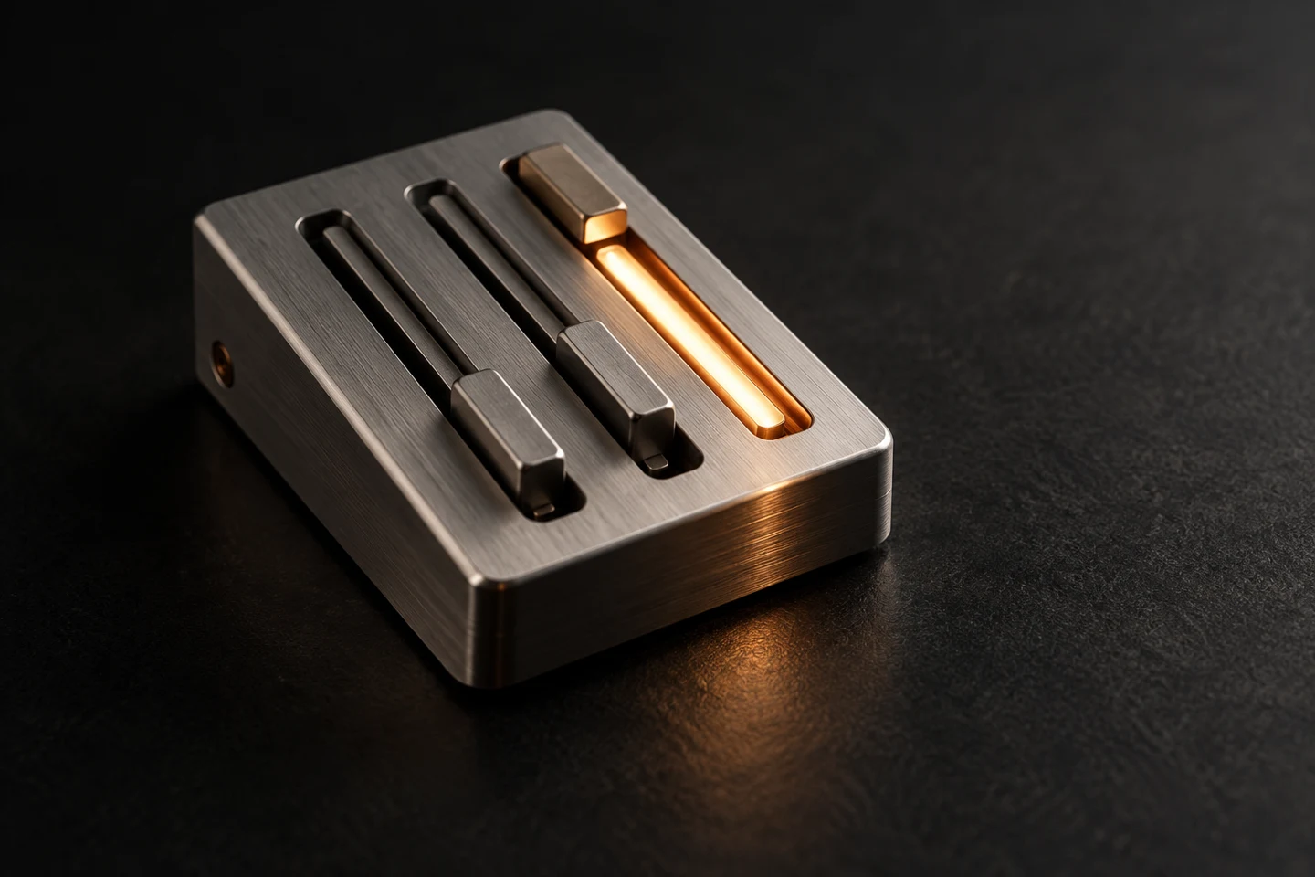 Original sculptural aluminum switch module with one amber channel illuminated