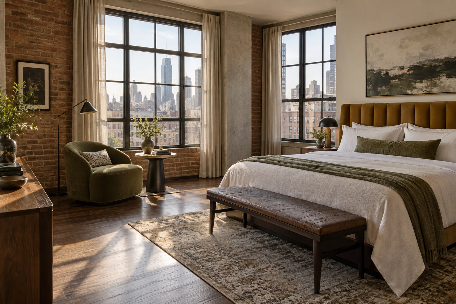 Original generated corner hotel room with an ochre king bed, industrial windows and olive reading chair.