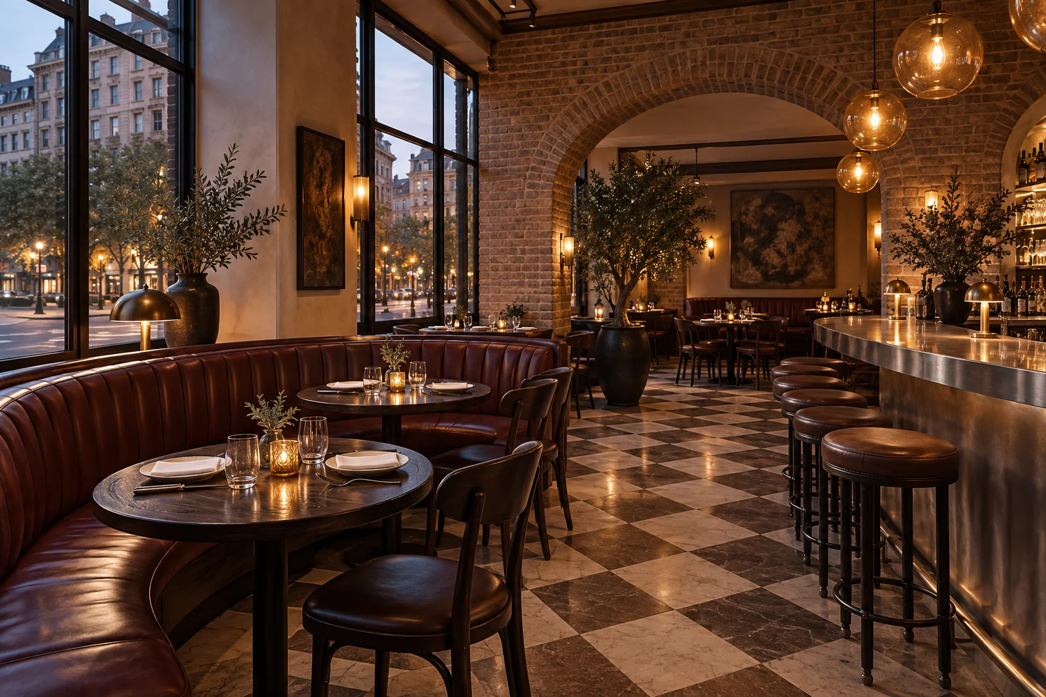 Original generated neighborhood restaurant with oxblood banquettes, amber lamps and a curved brick arch.