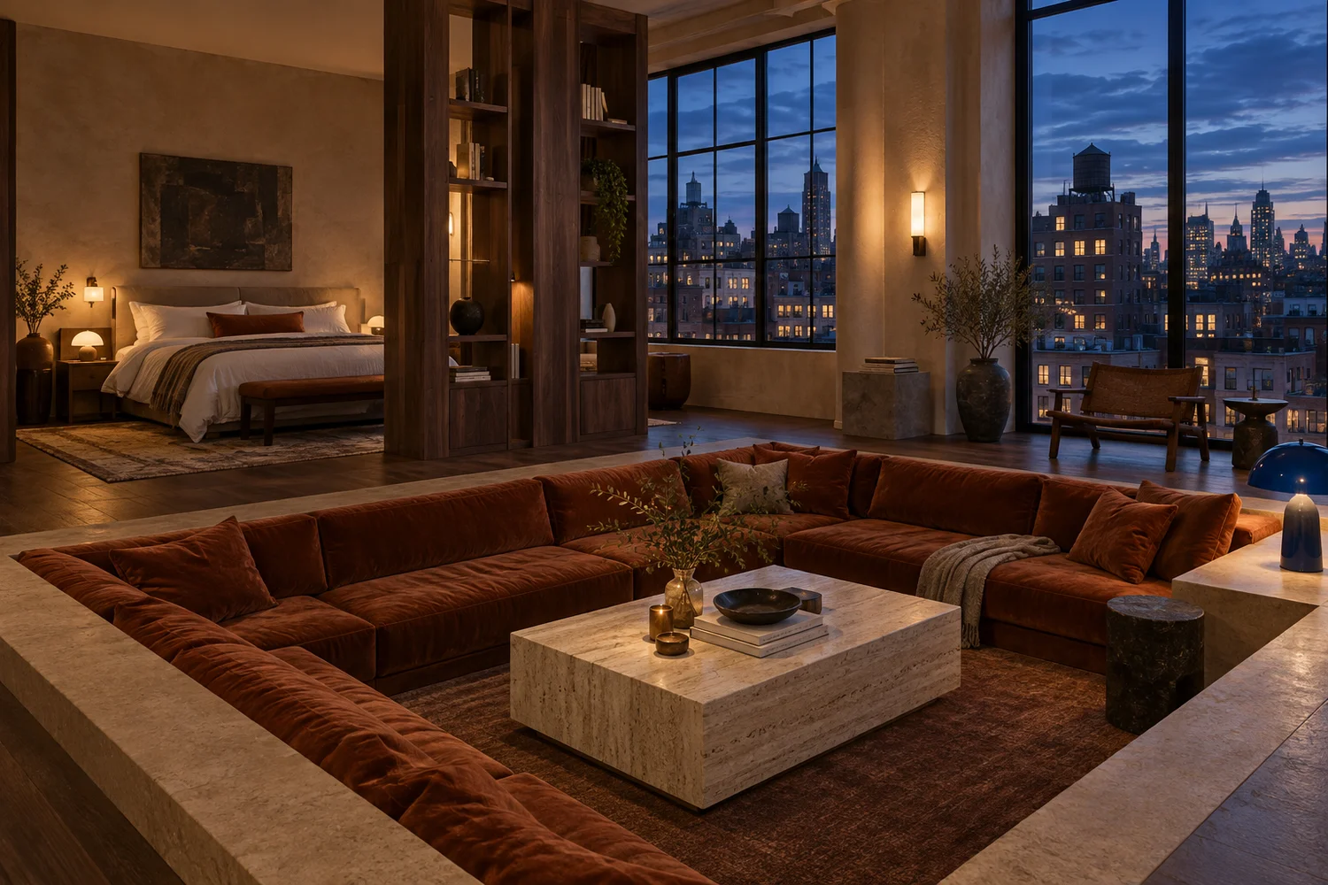Original generated urban suite with walnut room partition, rust sitting area, travertine table and blue-hour city windows.